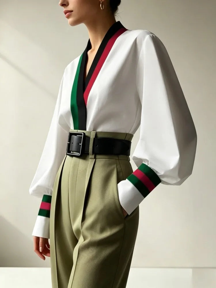 Krisstar 2025 V-neck Blouses Shirts for Women Spring Summer Long Sleeves Contrast Color Office Business Work Elegant Tops Lady