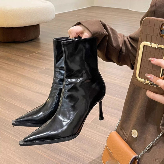 Ankle Boots Vintage Autumn New Fashion High Heels Women's Sexy Pointed Toe patent leather skinny boots Women Brown Short Booties