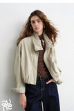TOYOUTH Women Slub Cotton Jackets 2026 Spring New Cropped Tulip Silhouette Striped Cuff - Turn Up Stand Collar Tops