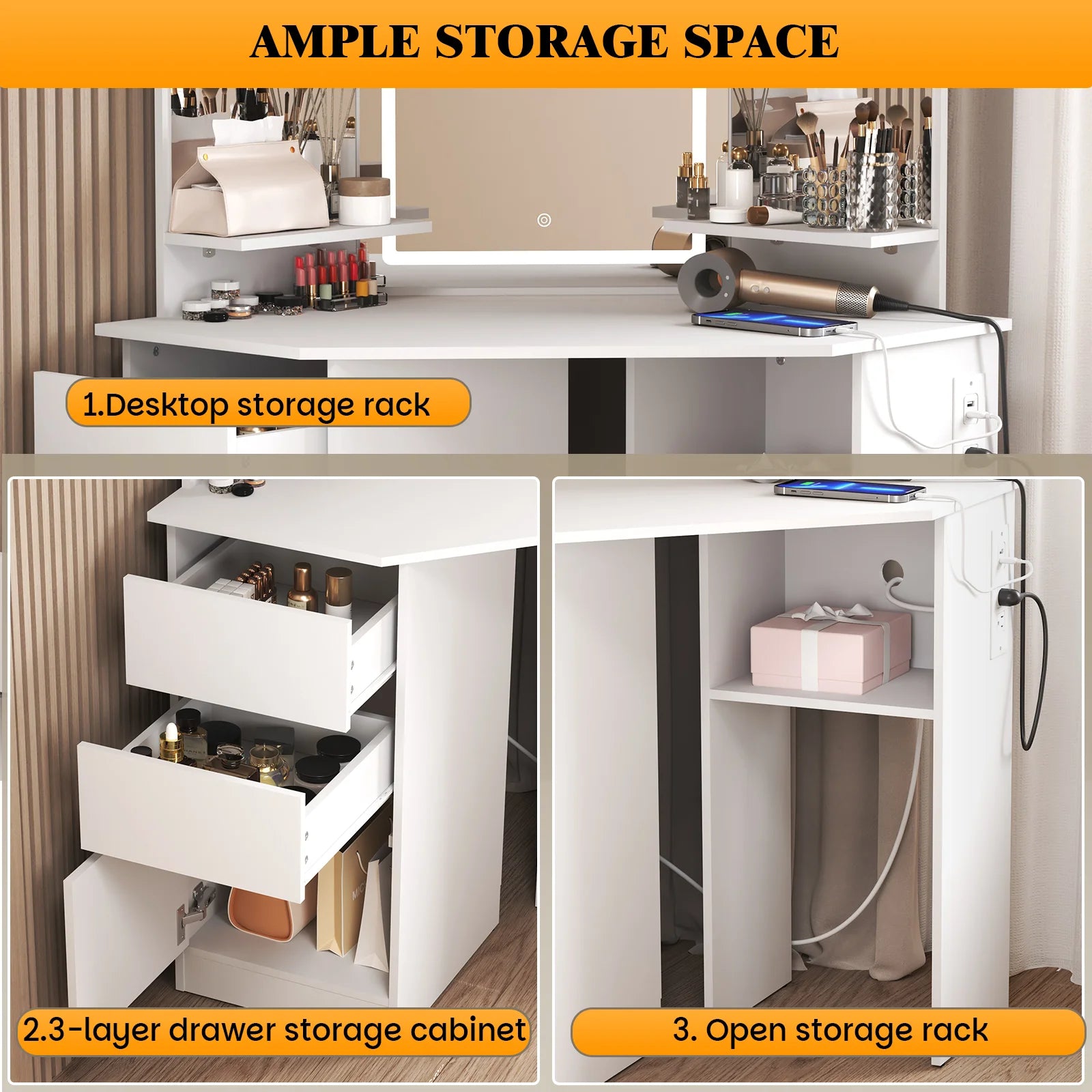 LED Vanity Desk With 3-Light Modes & Built-in Charging Station - Makeup Table With Open Storage Shelves, Drawers & Matching Stool