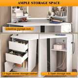 LED Vanity Desk With 3-Light Modes & Built-in Charging Station - Makeup Table With Open Storage Shelves, Drawers & Matching Stool