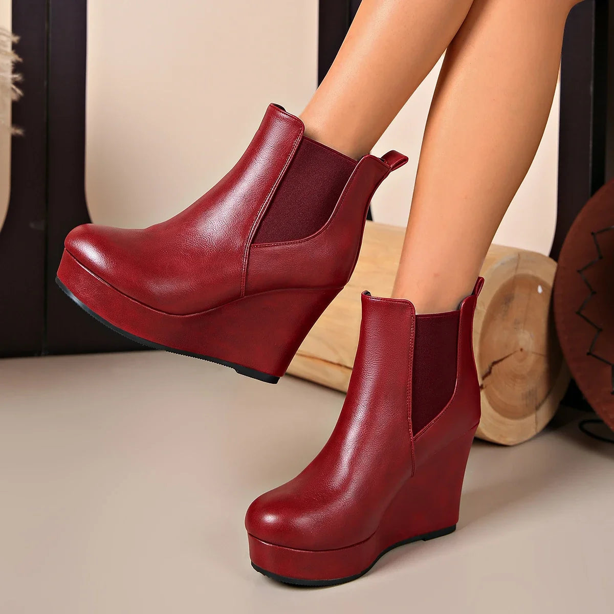 Women Platform Wedge Heel Chelsea Ankle Boots, Elastic Side Slip‑On Faux Leather Solid Color Spring Autumn Casual Short Booties