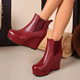 Women Platform Wedge Heel Chelsea Ankle Boots, Elastic Side Slip‑On Faux Leather Solid Color Spring Autumn Casual Short Booties