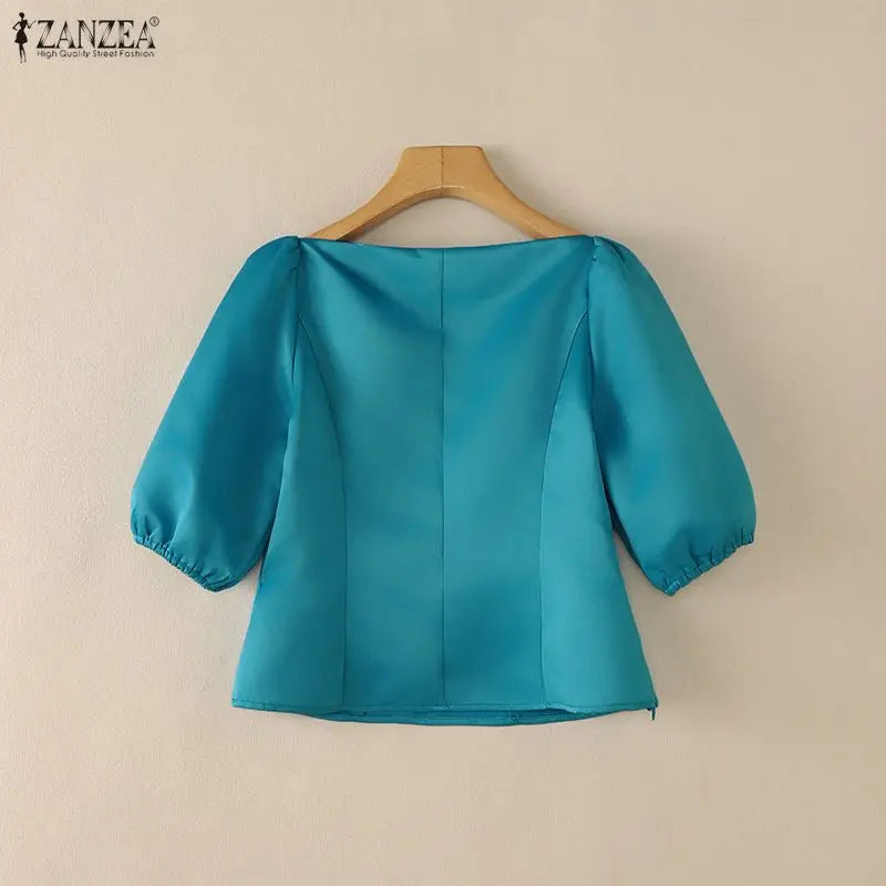 ZANZEA Elegant Princess Seams Satin Blouses Woman Boat Neck Puff Sleeves Solid Color Party Crop Tops Summer Graceful Blusa Mujer
