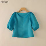 ZANZEA Elegant Princess Seams Satin Blouses Woman Boat Neck Puff Sleeves Solid Color Party Crop Tops Summer Graceful Blusa Mujer