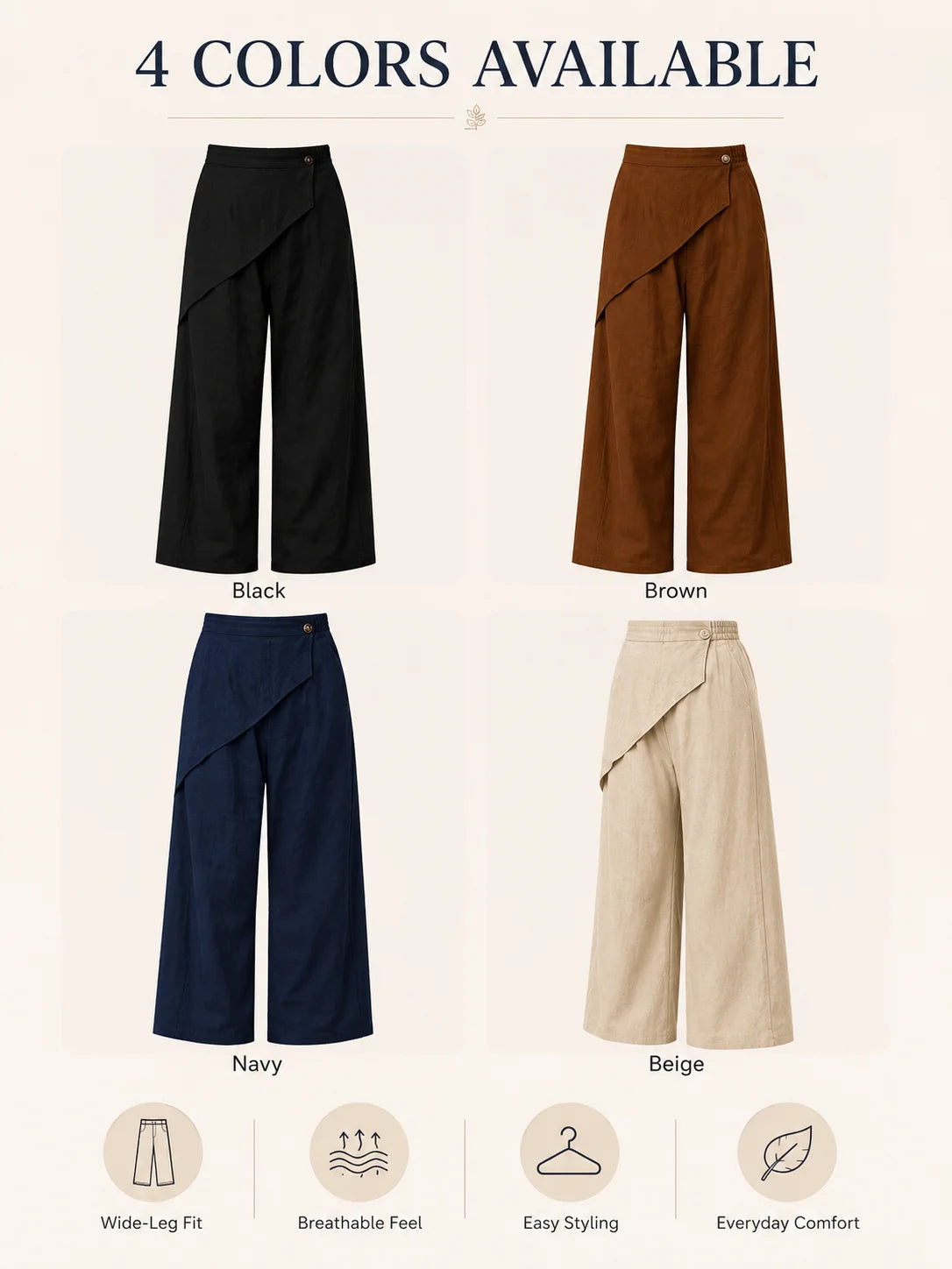 Women Wrap Front Linen Wide Leg Pants, High Waist Elastic Back Waist Culottes with Pockets, Casual Loose Fit Trousers for Summer Beach Daily Streetwear