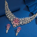 Luxury Pink Crystal Flower Jewelry Set Gold Plated Rhinestone Necklace & Earrings for Women Wedding Party Prom Accessories