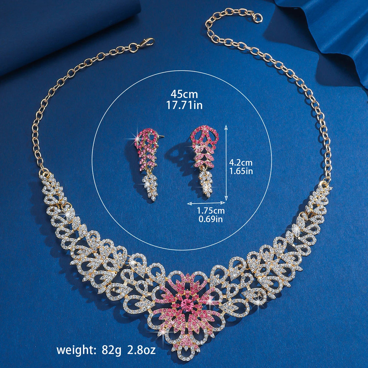 Luxury Pink Crystal Flower Jewelry Set Gold Plated Rhinestone Necklace & Earrings for Women Wedding Party Prom Accessories