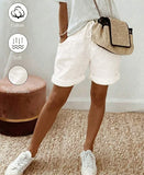 Women's Summer Vintage Modest Linen Casual Drawstring Rolled Hem Shorts,Elastic Waist Textured Fabric Khaki Loose Trousers For Vacation