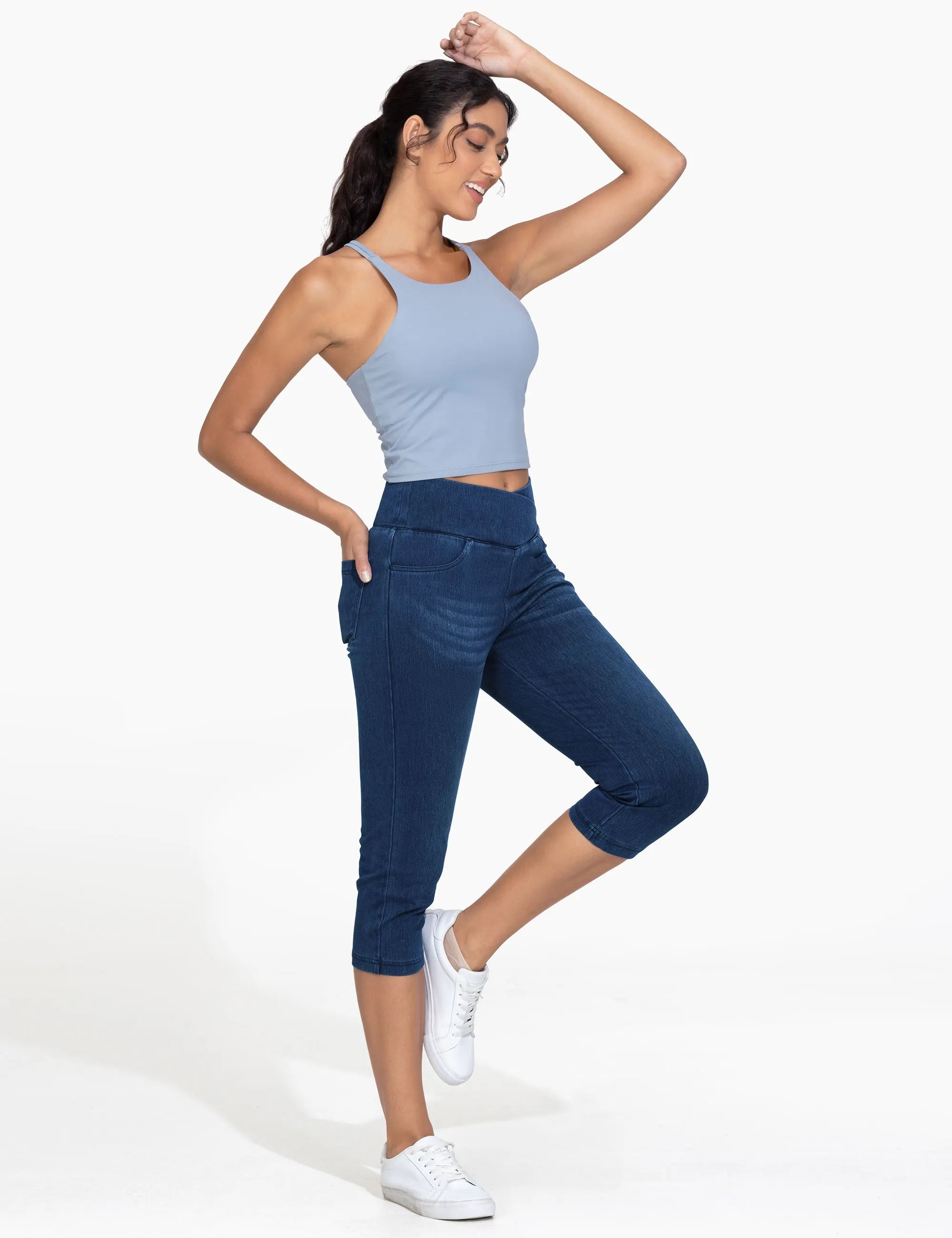 THE GYM PEOPLE Women's Cross Waisted Stretchy Capri Denim Jeggings Tummy Control Skinny Jean Leggings with Pockets