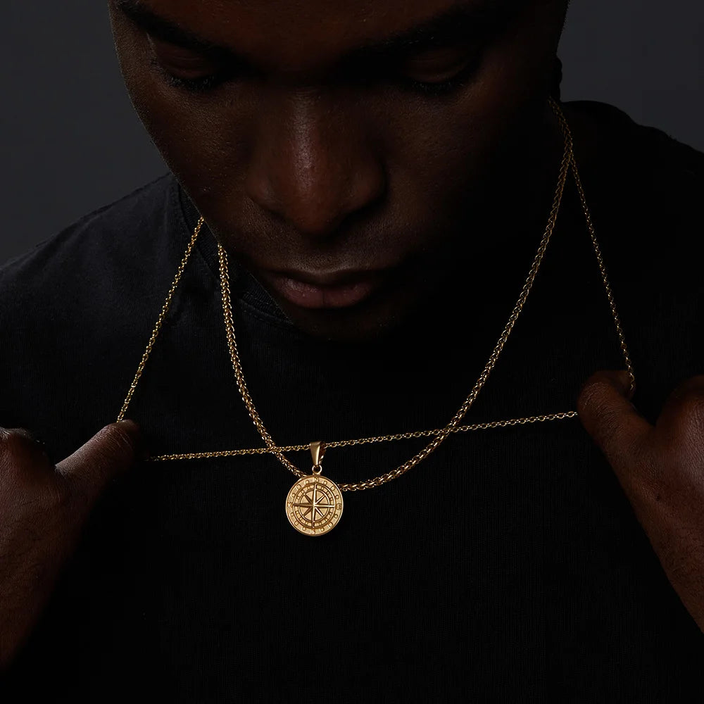 Vnox Layered Necklaces for Men, Sailing Travel Compass Pendant, Stainless Steel Cuban Figaro Wheat Chain, Casual Retro Collar