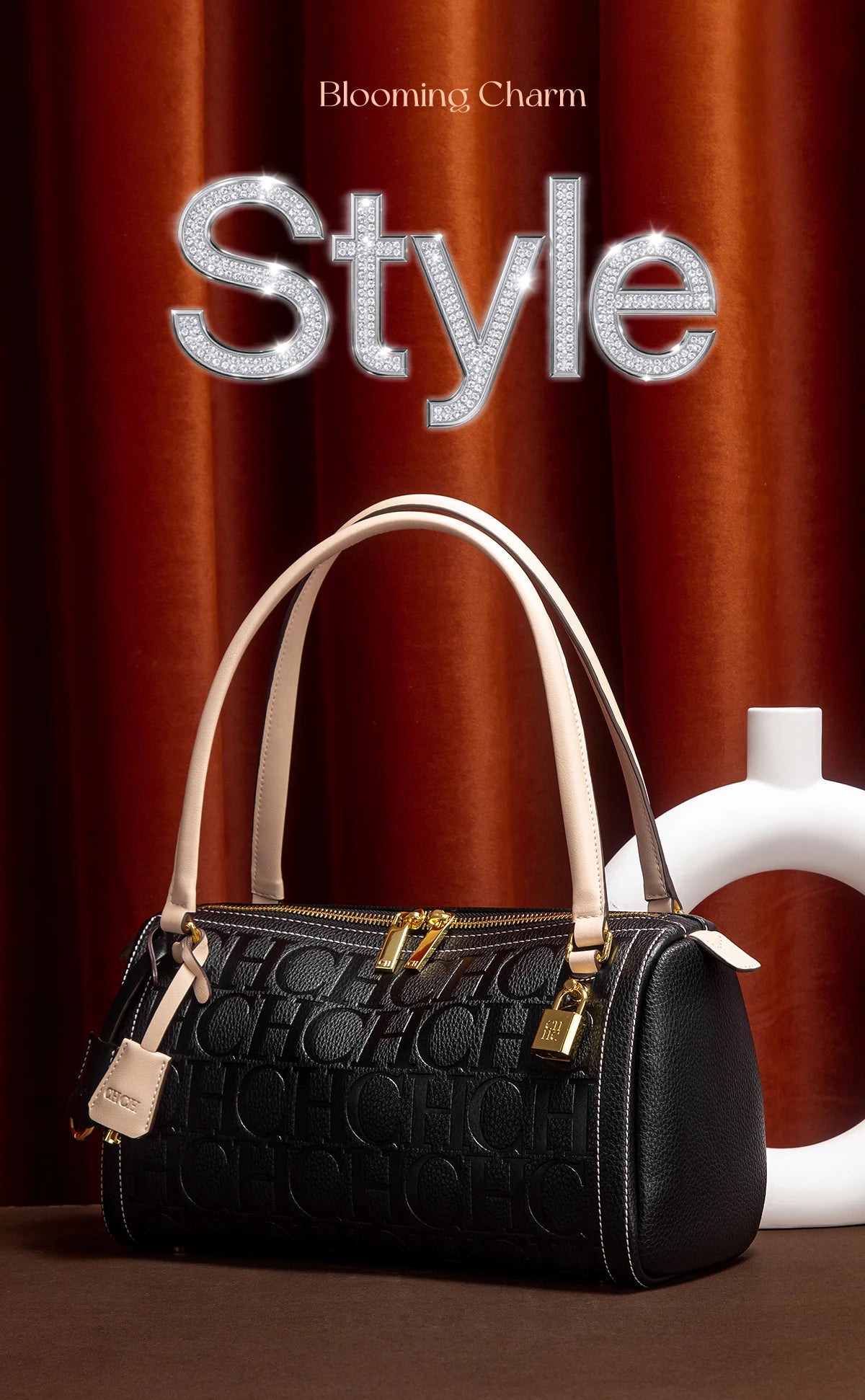 C-H Women's Boston Bag Autumn Winter New Collection Letter Design Texture Shoulder Bags