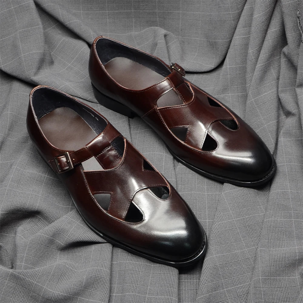 Genuine Leather Mens Classic Summer Dress Sandals Buckle Strap Black Brown Closed Toe Business Party Casual Formal Shoes for Men