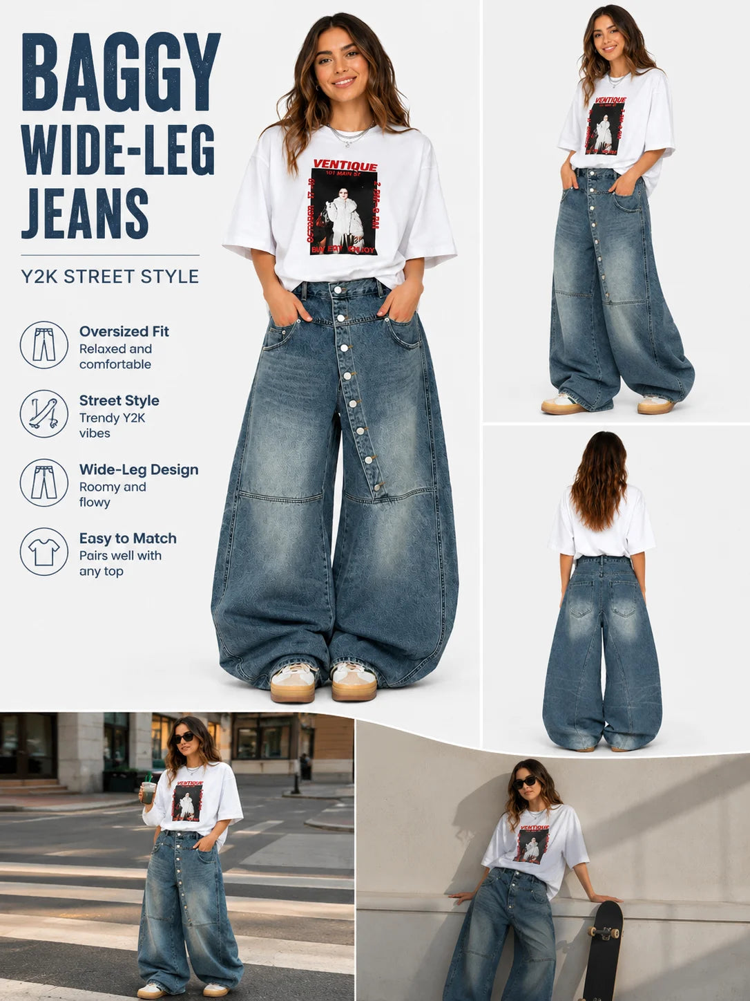 Women's Asymmetric Button Front Baggy Jeans, High Waist Vintage Washed Wide Leg Denim Pants Y2K Streetwear Loose Barrel Jeans for Daily Wear