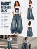 Women's Asymmetric Button Front Baggy Jeans, High Waist Vintage Washed Wide Leg Denim Pants Y2K Streetwear Loose Barrel Jeans for Daily Wear
