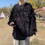 Winter Ripped Fringe Raw Edge Sweater For Men Hip Hop Fashion Knitted Pullovers Y2K Vintage Streetwear Knitwear Jersey Clothes