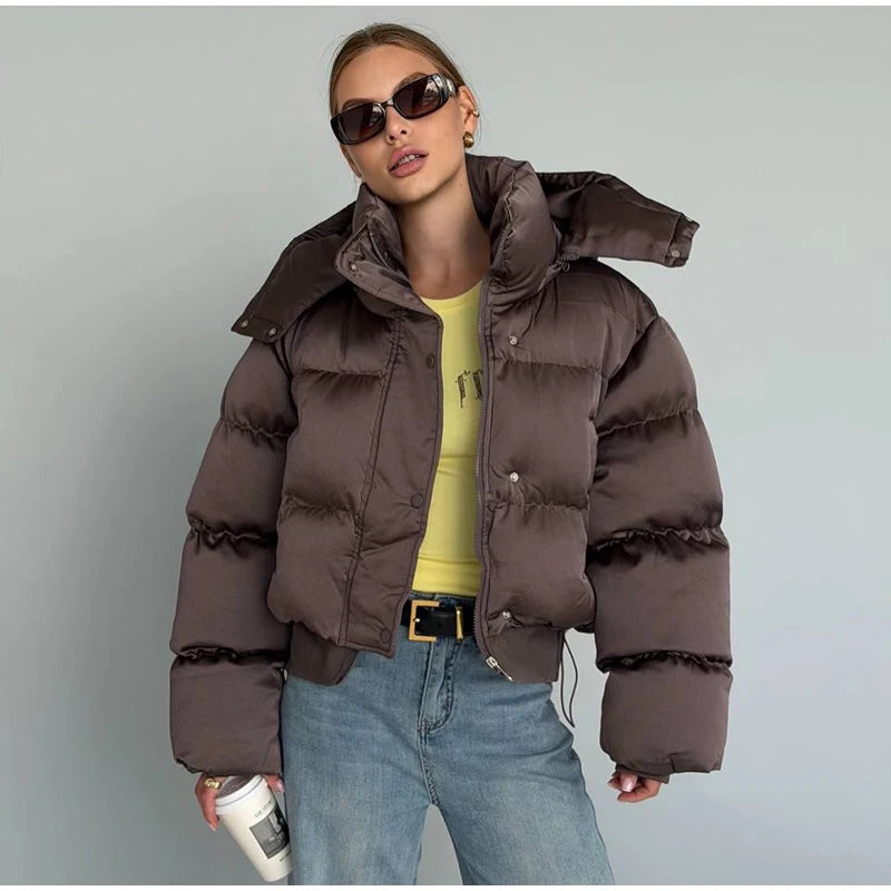Winter Hooded Jacket Short Top Cropped Drawstring Waist Coat Woman Long Sleeve Warm Quilted Out Jackets Streetwear Lady Clothes