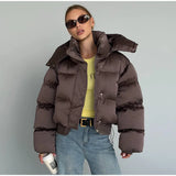 Winter Hooded Jacket Short Top Cropped Drawstring Waist Coat Woman Long Sleeve Warm Quilted Out Jackets Streetwear Lady Clothes