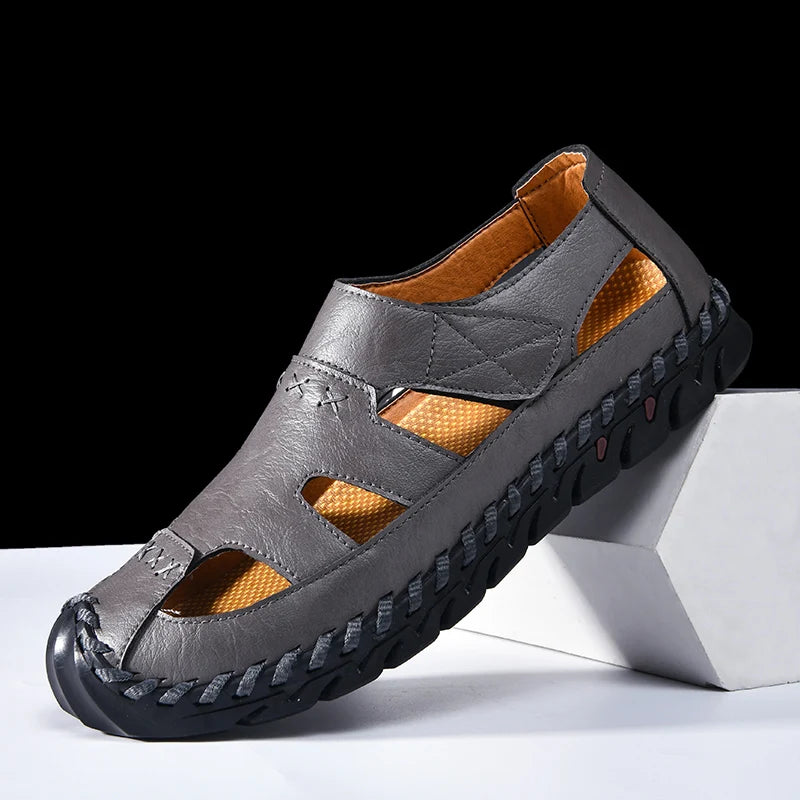 Outdoor Summer Man Sandals Stylish Leather Mens Beach Shoes Outdoor Men  Roman Flats Hollow Out Sandalias New Wading Aqua Shoes
