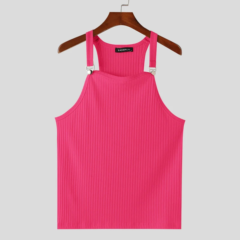 2024 Men's Tank Tops Solid Color Knitted Sleeveless Button Streetwear Casual Vests Summer Fitness Fashion Men Clothing INCERUN