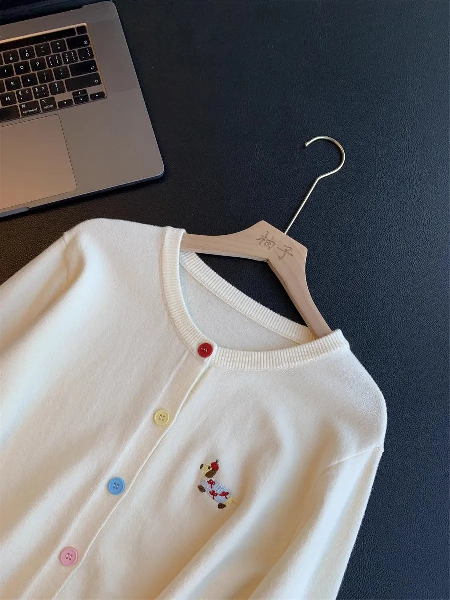 Autumn Winter 2026 Soft Elegant O-neck Loose Casual Sweaters Women Knitted Chic Embroidery Cardigan Basic Colorful Buttons Tops