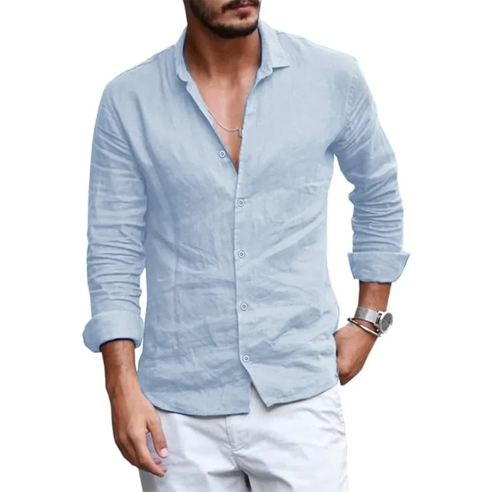 Summer Lightweight Breathable Men Shirt Long Sleeved Cotton and Linen Shirts Men Cardigan Tops Lapel Collar Men Beach Clothing