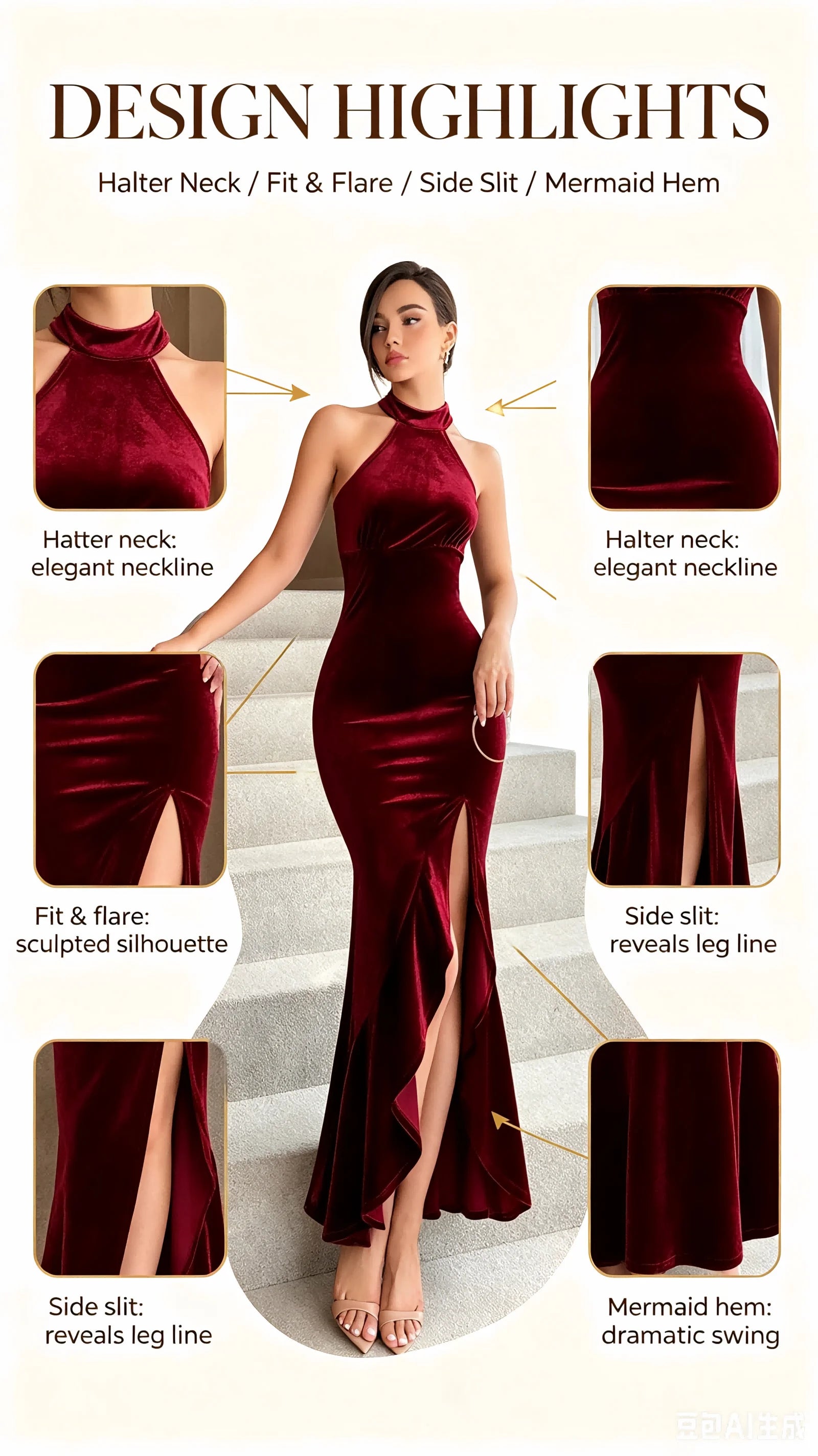 Burgundy Velvet Halter Neck Mermaid Gown High Neck Split Evening Party Dress for Women Wedding Guest Prom Formal Dresses