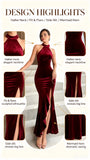 Burgundy Velvet Halter Neck Mermaid Gown High Neck Split Evening Party Dress for Women Wedding Guest Prom Formal Dresses