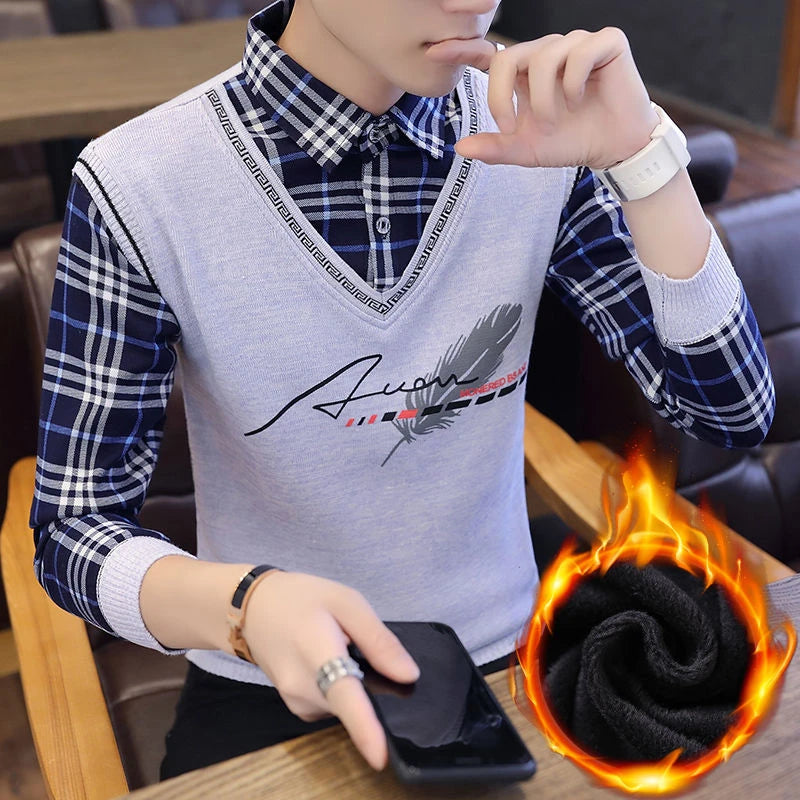 Autumn Winter Plaid Sweaters Polo Collar Pullover Slim Fit Man Clothes Plush Warm Jumpers Thick Fake 2 Piece Polo Shirts