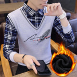 Autumn Winter Plaid Sweaters Polo Collar Pullover Slim Fit Man Clothes Plush Warm Jumpers Thick Fake 2 Piece Polo Shirts