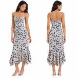 Floral Print Spaghetti Strap Maxi Dress for Women, V Neck Front Drawstring Bodycon Midi Long Dress, Slim Fit Split Hem Summer Beach Vacation Party Sundress