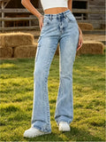 【HME】Jeans | Women Carpenter Pocket Design Denim Pants, High Waist Flare Bootcut Denim Jeans, Light Blue Snow Stone Wash, Tummy Control Butt-Lifting Optimize Waist-Hip Ratio, Flare Hem Lengthen Legs, American Retro Workwe