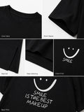 Smiley Letter Print Side Split Loose Oversized Women T‑Shirt Maxi Dress, Crew Neck Short Sleeve Casual Long Tee Dress, Soft Loungewear Nightgown, Streetwear Sundress for Daily Home Party Vacation Travel Shopping Casual Occa