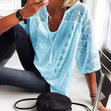 Women's Summer Cotton Shirt, Solid Color Casual Hollow U-Neck 3/4 Sleeve Lace Shirt, Women's Solid Color Lace Stitched Short-Sleeve T-Shirt, Loose Shirt, Women's Top, Short-Sleeve Loose Fit