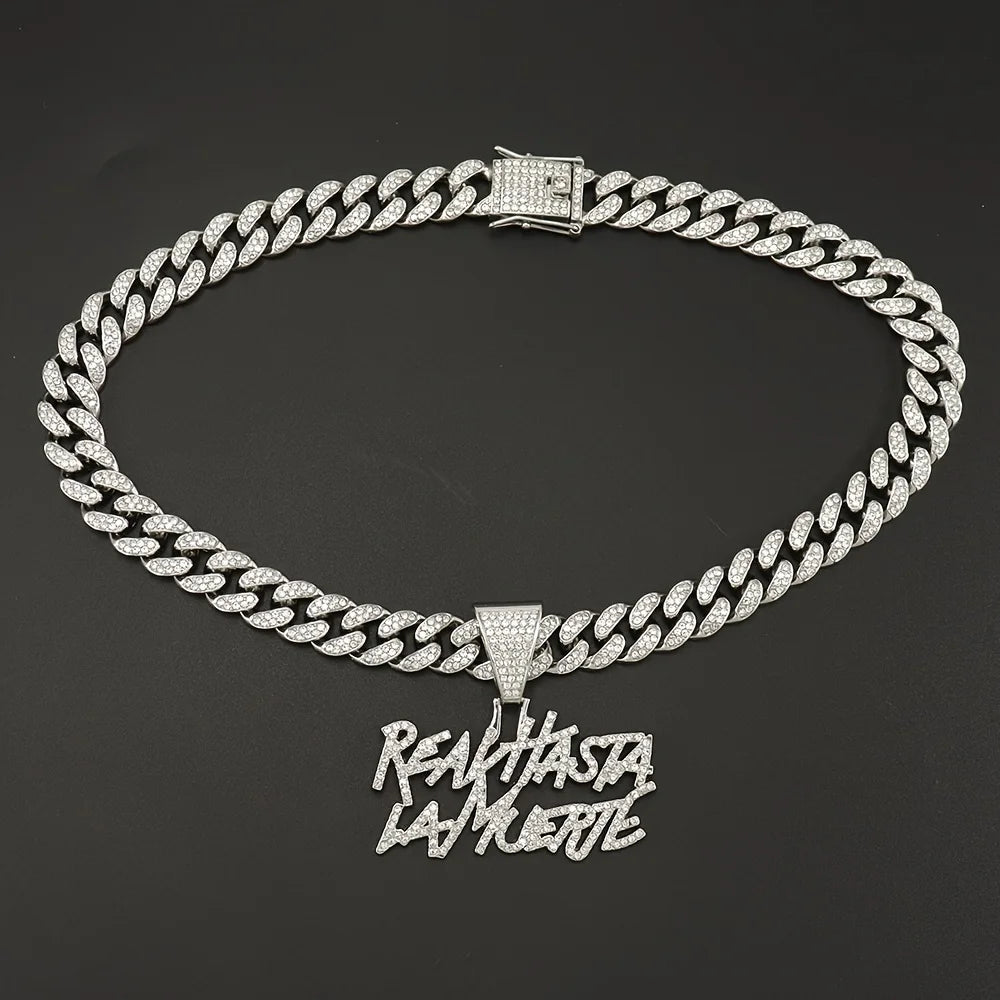 Hip-hop Cuban link necklace — "REAL HASTA LA MUERTE" pendant; gold and silver chains for a rapper-style look.
