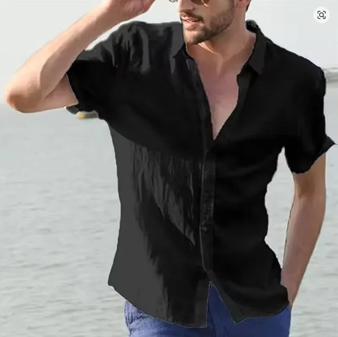 Summer Men Short Sleeve Casual Lapel Shirt Men Pure Color Hawaii Shirt Tops 100% Polyester
