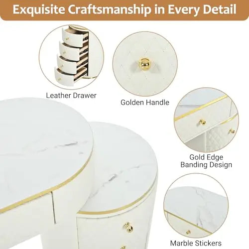 Luxury Makeup Vanity Desk with 3-Color LED Mirror and Stool, Adjustable Length Vanity Table with Movable Side Cabinet