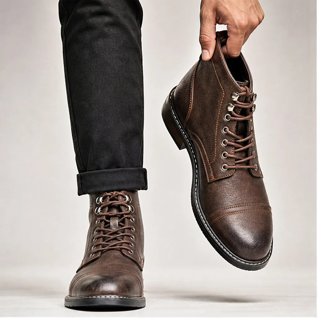 CAPTAIN ANKLE BOOTS Men's Vintage Combat Boots Lace-Up Cap Toe Ankle BOOTS