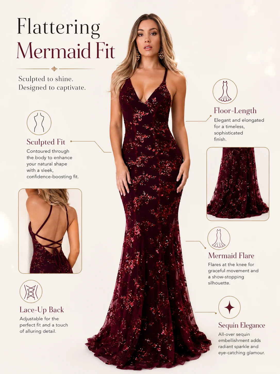 Sexy Sequin Floral Mermaid Evening Gown for Women Deep V Neck Spaghetti Strap Formal Prom Dress Floor Length Tulle Wedding Guest Party Ball Gown