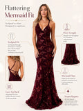 Sexy Sequin Floral Mermaid Evening Gown for Women Deep V Neck Spaghetti Strap Formal Prom Dress Floor Length Tulle Wedding Guest Party Ball Gown