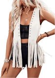 Women Vintage Sleeveless Faux Suede Fringe Vest Rivets Leather Western Boho Tassel Jacket Open Front Hippie Cardigan 2025