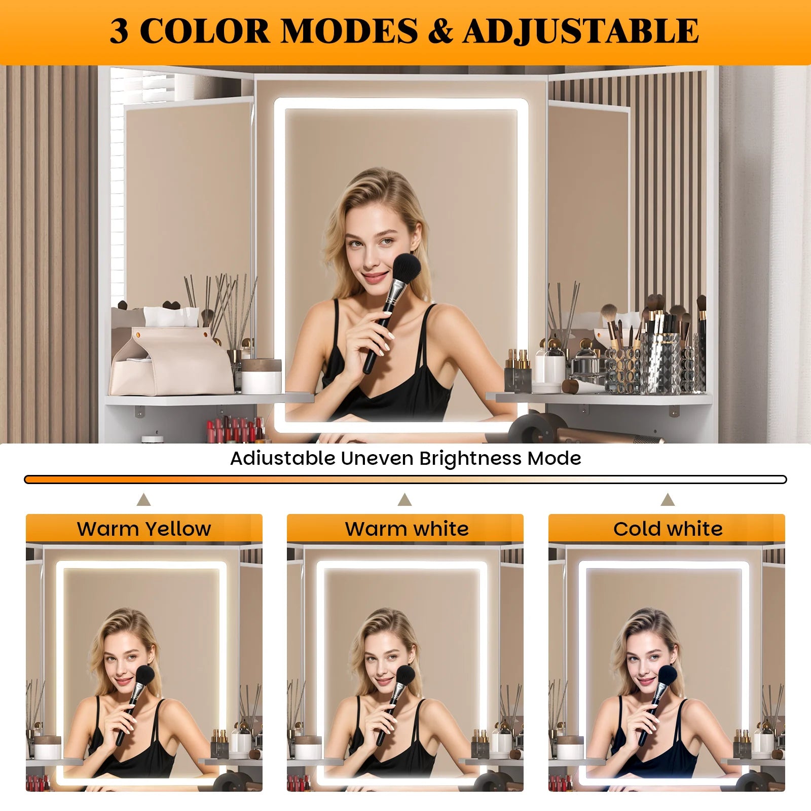 LED Vanity Desk With 3-Light Modes & Built-in Charging Station - Makeup Table With Open Storage Shelves, Drawers & Matching Stool