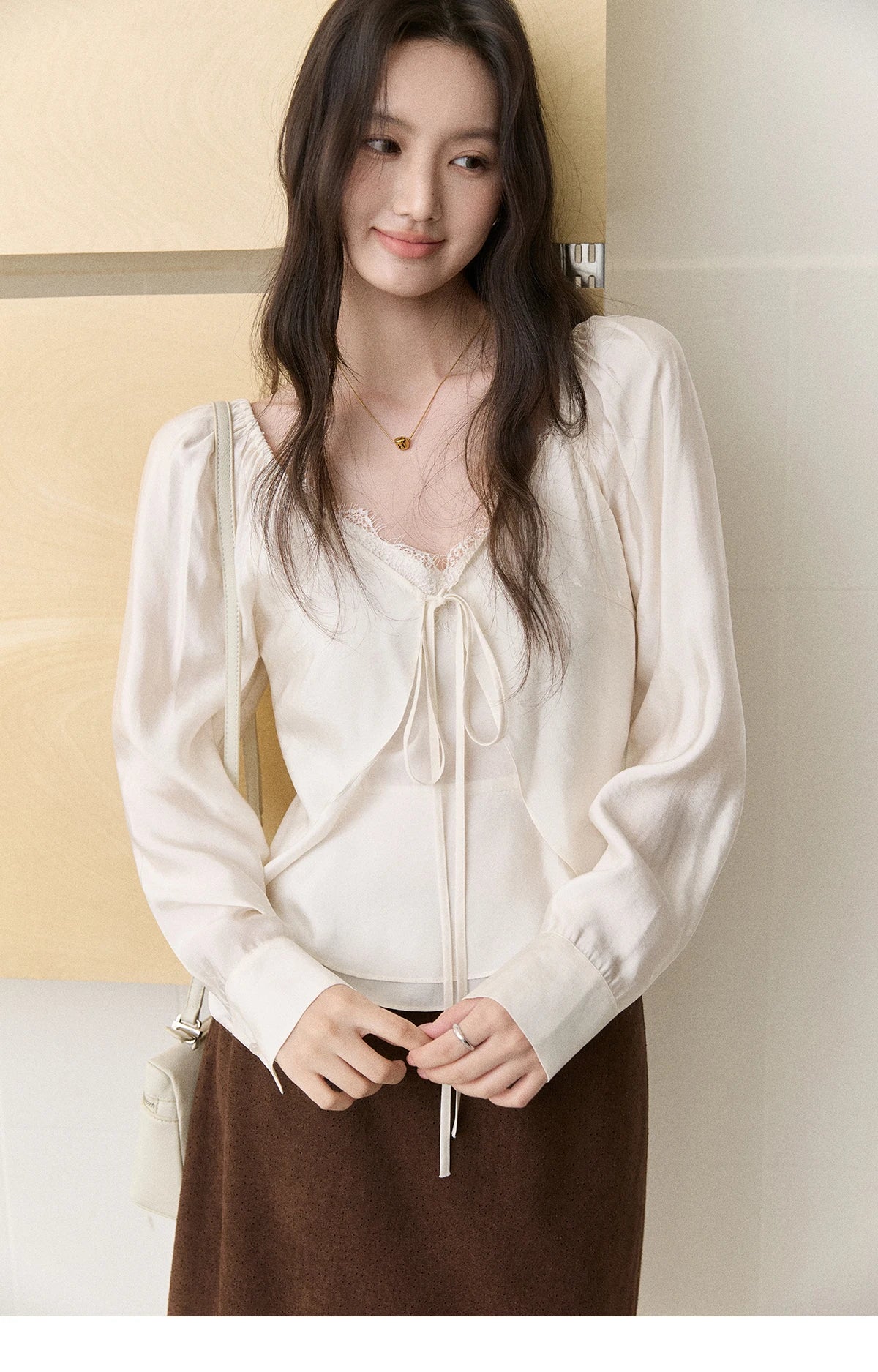 MISHOW Women's French Lace Trim Blouse 2026 Autumn V‑Neck Tie Front Loose solid blouses Babydoll Style Casual Tops MXF43X2783