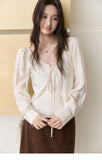MISHOW Women's French Lace Trim Blouse 2026 Autumn V‑Neck Tie Front Loose solid blouses Babydoll Style Casual Tops MXF43X2783