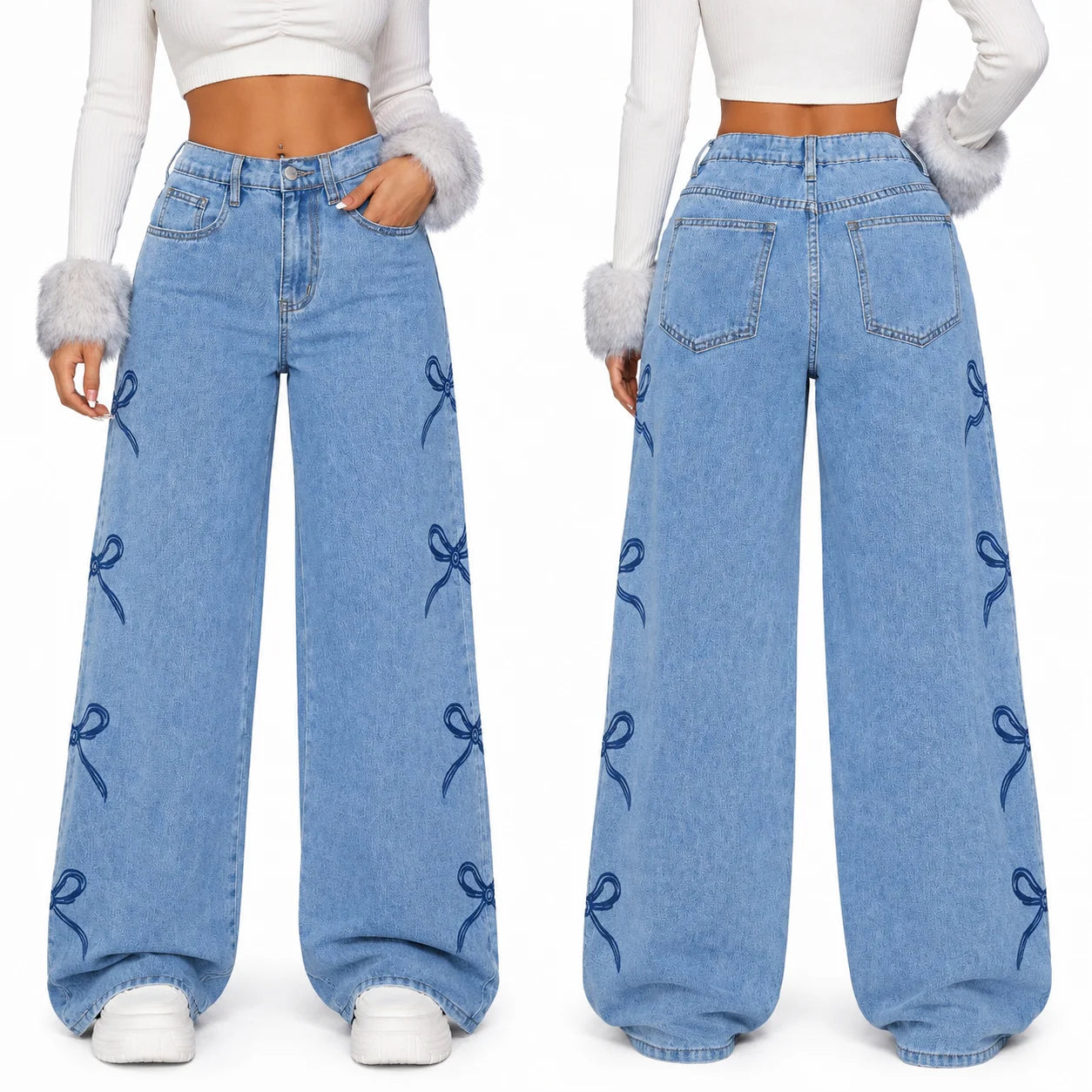 Y2K Bow Embroidery Wide Leg Jeans for Women, High Rise Vintage Light Wash Baggy Denim Trousers Trendy Casual Streetwear Daily Pants