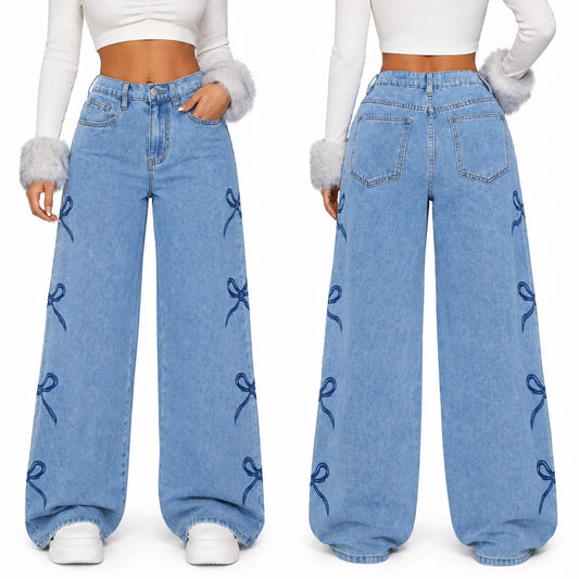 Y2K Bow Embroidery Wide Leg Jeans for Women, High Rise Vintage Light Wash Baggy Denim Trousers Trendy Casual Streetwear Daily Pants