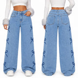 Y2K Bow Embroidery Wide Leg Jeans for Women, High Rise Vintage Light Wash Baggy Denim Trousers Trendy Casual Streetwear Daily Pants