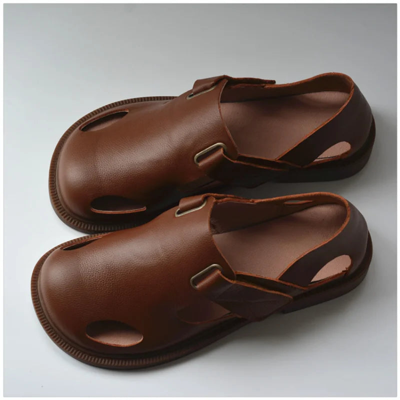 Summer Men's Shoes Flat Full Real Leather Sandal Cowhide Black Casual Old-fashioned Retro Outdoor Men's Sandals Old Man