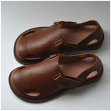 Summer Men's Shoes Flat Full Real Leather Sandal Cowhide Black Casual Old-fashioned Retro Outdoor Men's Sandals Old Man
