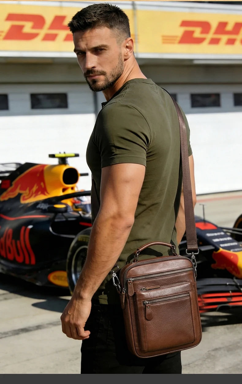 LION VERA Men's Shoulder Bag Casual Mobile Phone Zipper Bag Large Capacity Business Genuine Leather Travel Crossbody Bag